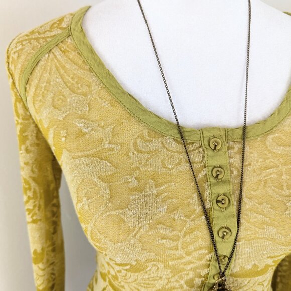 Intimately Free People Bitter Yellow Sheer Damask Burnout Long Sleeve Henley Top - Picture 5 of 7